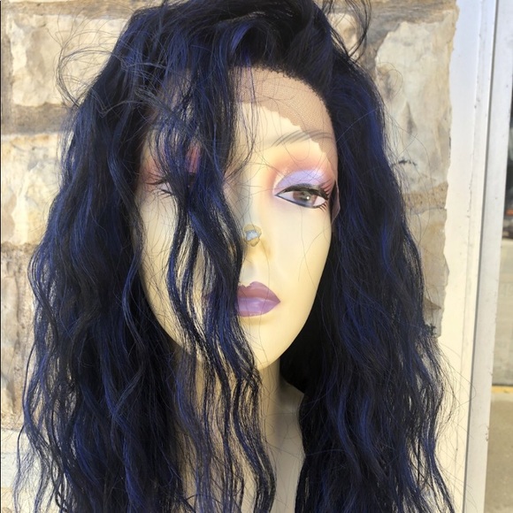 Long blue curly Freeparting wig main image 7